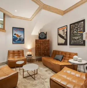 Private club lounge with leather armchairs